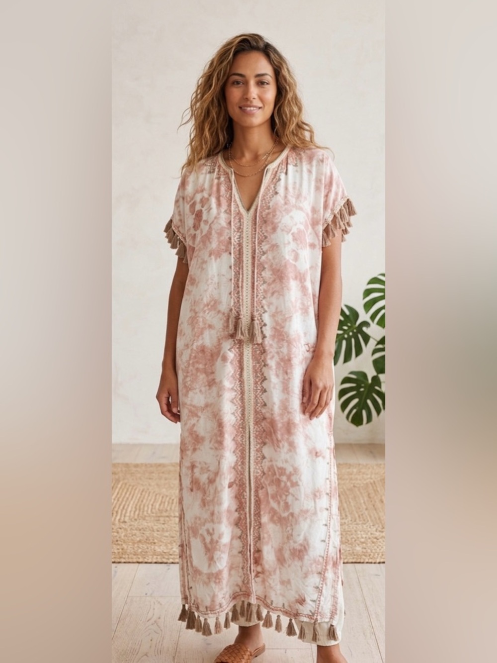 Skemo rayon Pink Tie-Dye Embroidered Tassel Kimono XS embroidered tassels neutro